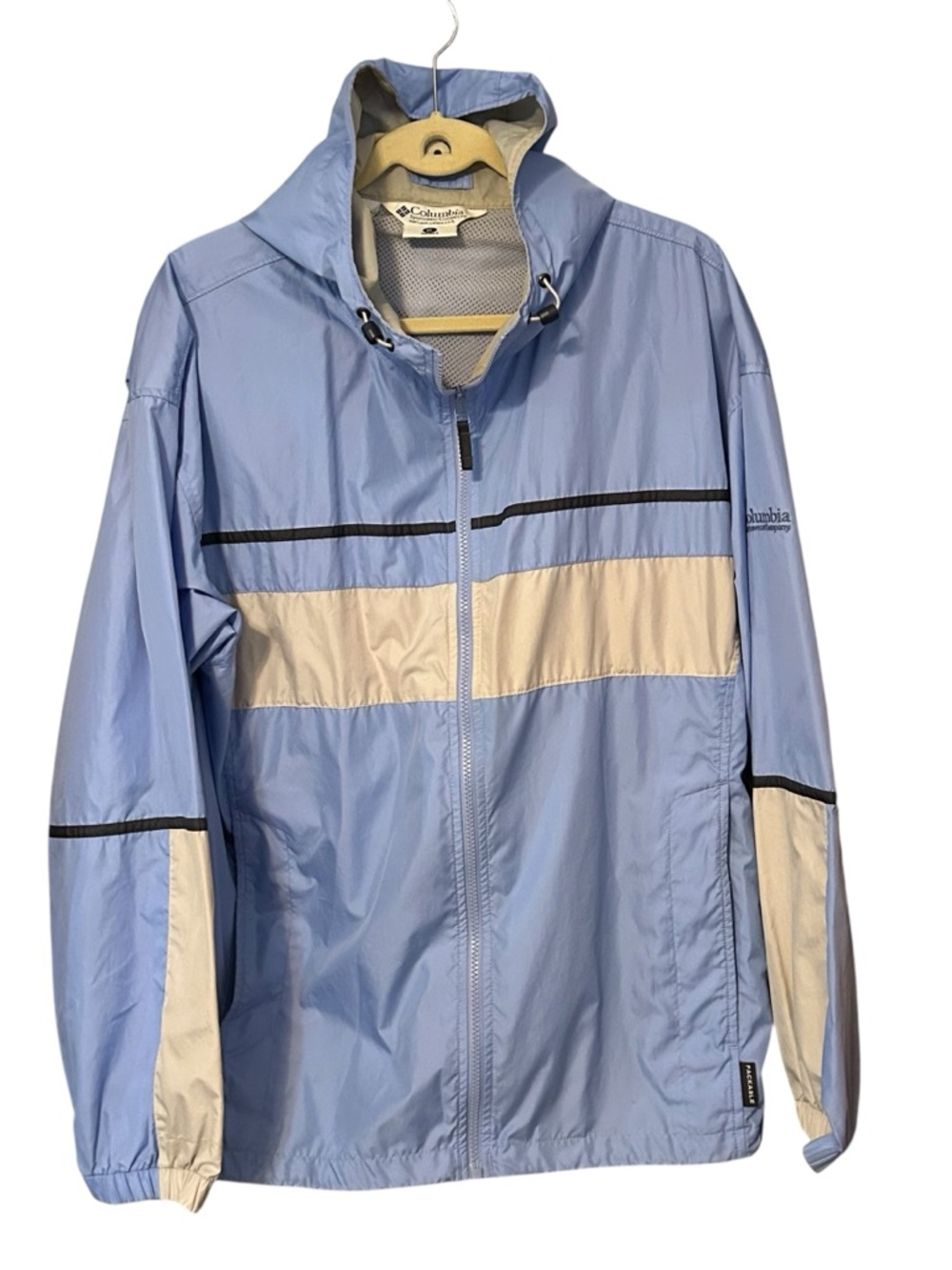 Columbia Women’s Light Blue & Cream Packable Vented Hooded Windbreaker Zip Up XL